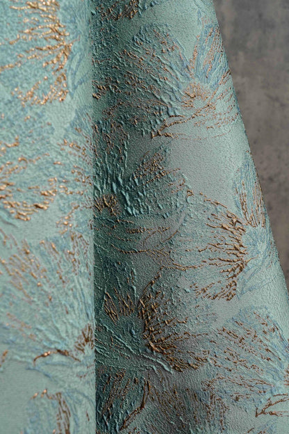 Mint Green Metallic Jacquard Fabric, Gold Abstract Floral Brocade, 3D Raised Textured Fabric for Dresses, Jackets, Evening Gown, Sewing, 56"
