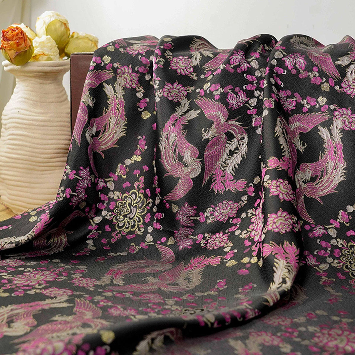 Black Song Brocade Fabric, Pink Phoenix and Floral Gold Jacquard, Chinese Silk Style Fabric for Cheongsam, Qipao, Jackets, Hanfu Sewing, 59"