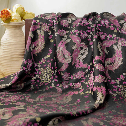 Black Song Brocade Fabric, Pink Phoenix and Floral Gold Jacquard, Chinese Silk Style Fabric for Cheongsam, Qipao, Jackets, Hanfu Sewing, 59"
