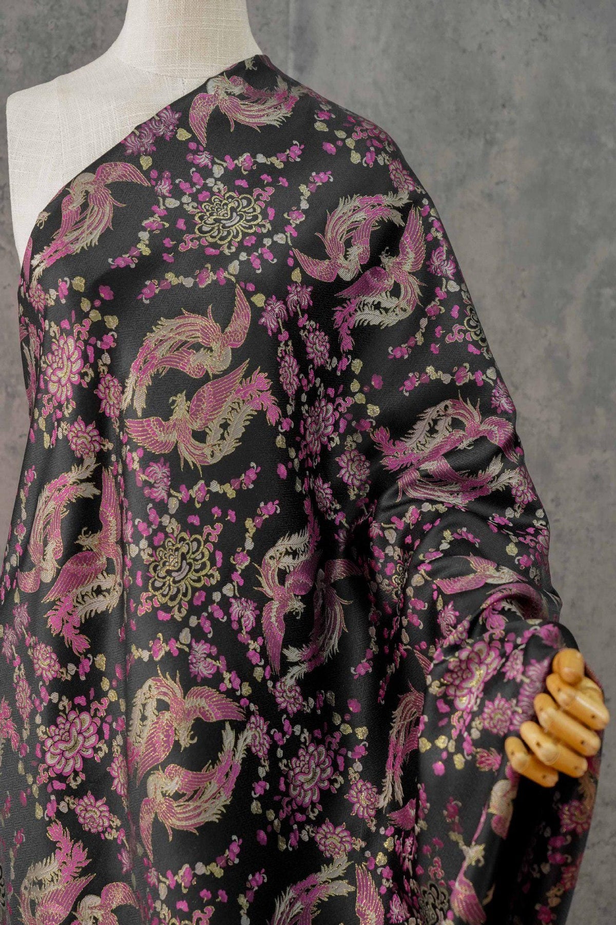 Black Song Brocade Fabric, Pink Phoenix and Floral Gold Jacquard, Chinese Silk Style Fabric for Cheongsam, Qipao, Jackets, Hanfu Sewing, 59"