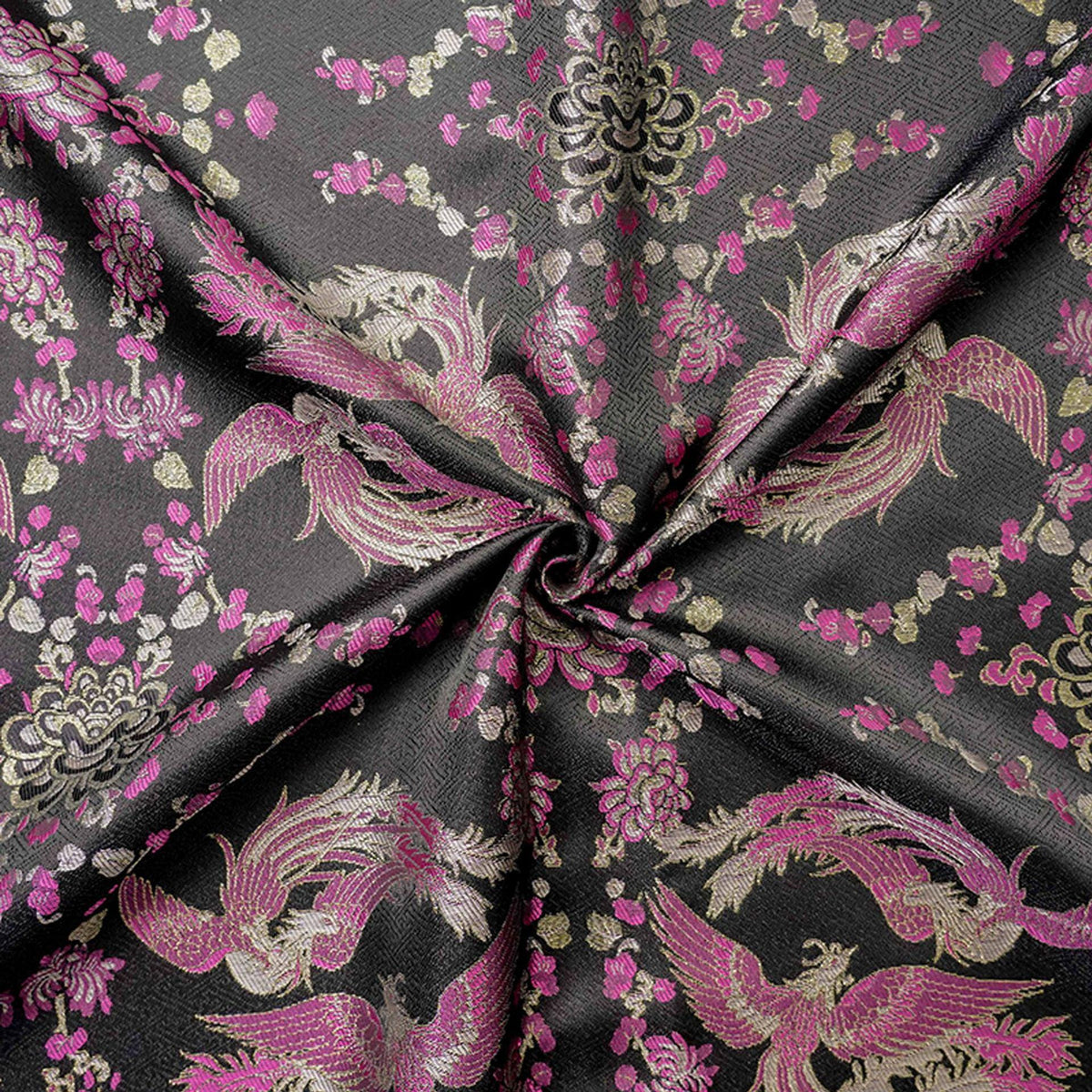 Black Song Brocade Fabric, Pink Phoenix and Floral Gold Jacquard, Chinese Silk Style Fabric for Cheongsam, Qipao, Jackets, Hanfu Sewing, 59"