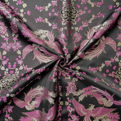 Black Song Brocade Fabric, Pink Phoenix and Floral Gold Jacquard, Chinese Silk Style Fabric for Cheongsam, Qipao, Jackets, Hanfu Sewing, 59"