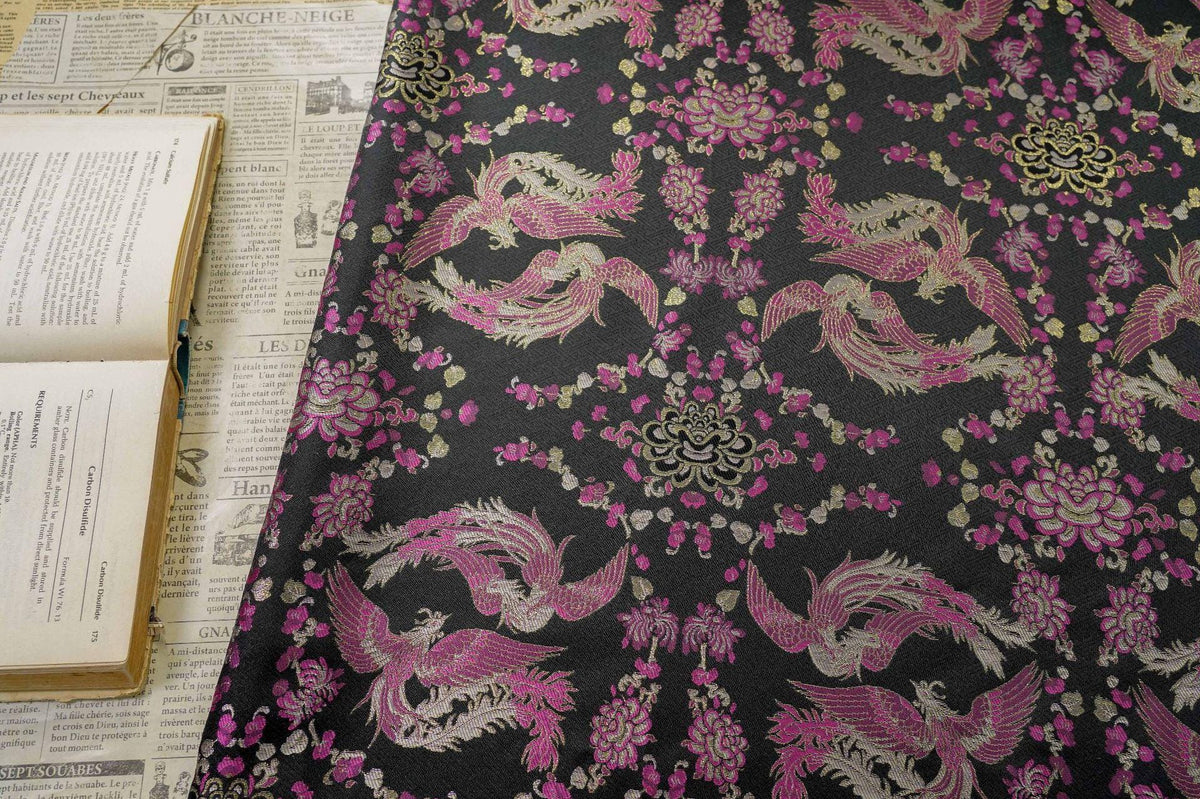 Black Song Brocade Fabric, Pink Phoenix and Floral Gold Jacquard, Chinese Silk Style Fabric for Cheongsam, Qipao, Jackets, Hanfu Sewing, 59"