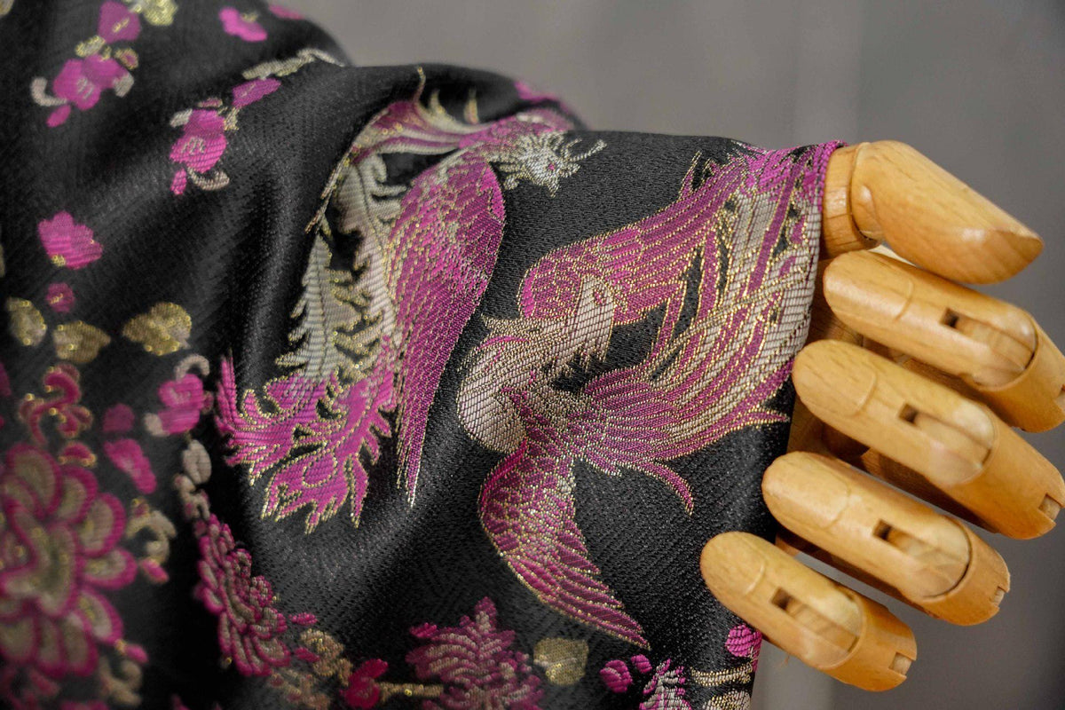Black Song Brocade Fabric, Pink Phoenix and Floral Gold Jacquard, Chinese Silk Style Fabric for Cheongsam, Qipao, Jackets, Hanfu Sewing, 59"