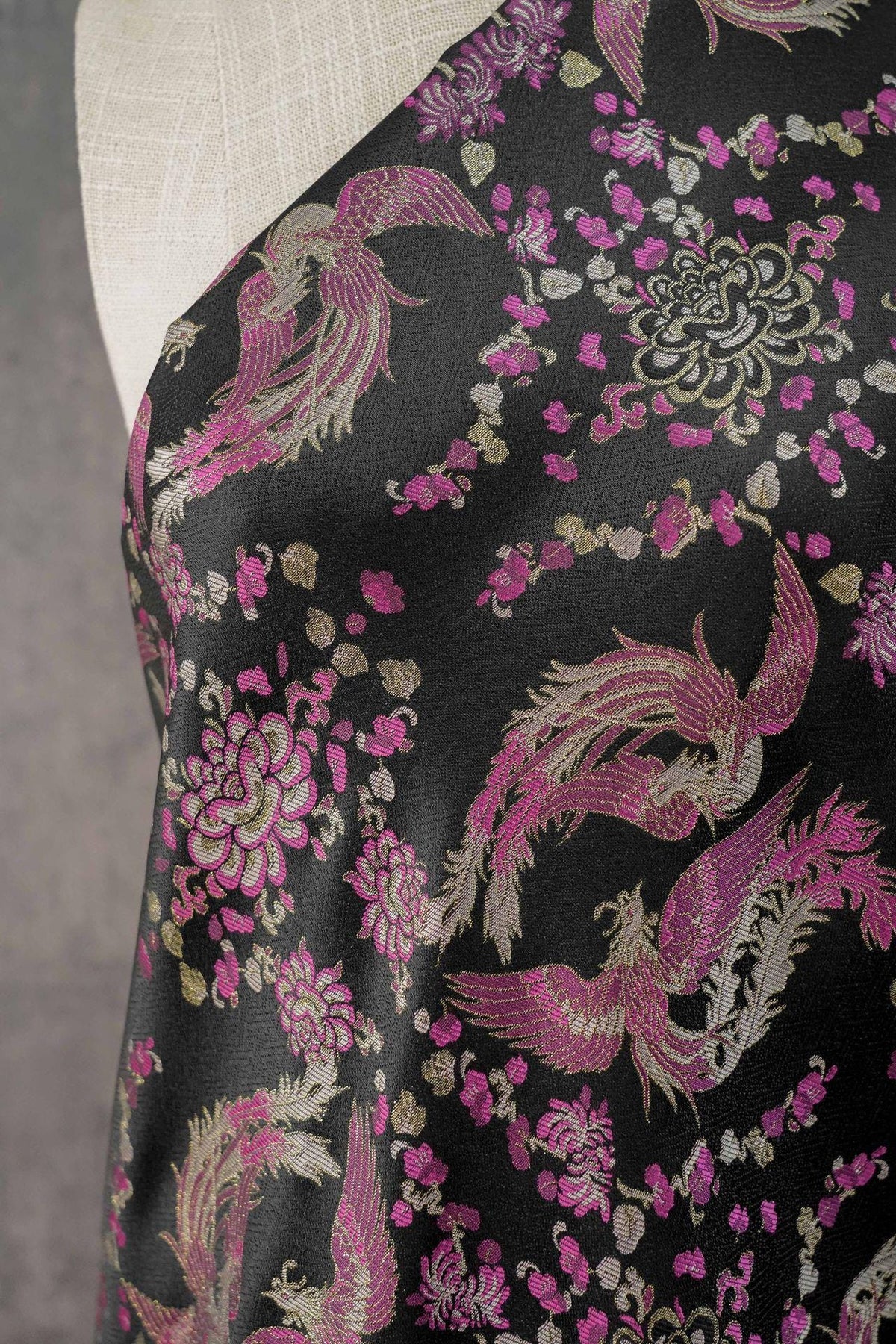 Black Song Brocade Fabric, Pink Phoenix and Floral Gold Jacquard, Chinese Silk Style Fabric for Cheongsam, Qipao, Jackets, Hanfu Sewing, 59"