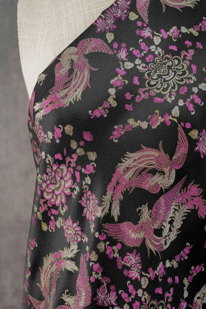 Black Song Brocade Fabric, Pink Phoenix and Floral Gold Jacquard, Chinese Silk Style Fabric for Cheongsam, Qipao, Jackets, Hanfu Sewing, 59"