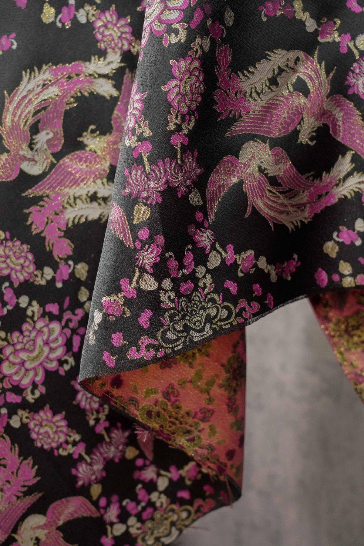 Black Song Brocade Fabric, Pink Phoenix and Floral Gold Jacquard, Chinese Silk Style Fabric for Cheongsam, Qipao, Jackets, Hanfu Sewing, 59"