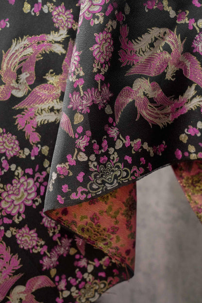 Black Song Brocade Fabric, Pink Phoenix and Floral Gold Jacquard, Chinese Silk Style Fabric for Cheongsam, Qipao, Jackets, Hanfu Sewing, 59"