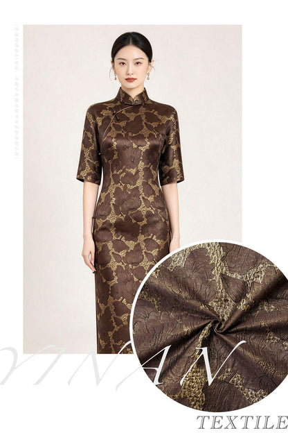 Brown Gold Floral Jacquard Fabric, 3D Embossed Brocade with Large Flowers, Textured Metallic Fabric for Dresses, Jackets, Upholstery, 55"