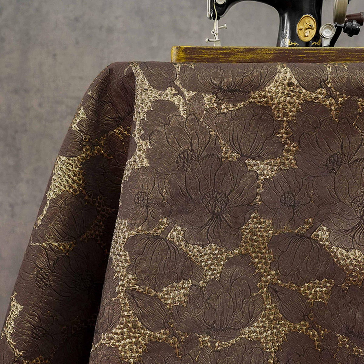 Brown Gold Floral Jacquard Fabric, 3D Embossed Brocade with Large Flowers, Textured Metallic Fabric for Dresses, Jackets, Upholstery, 55"