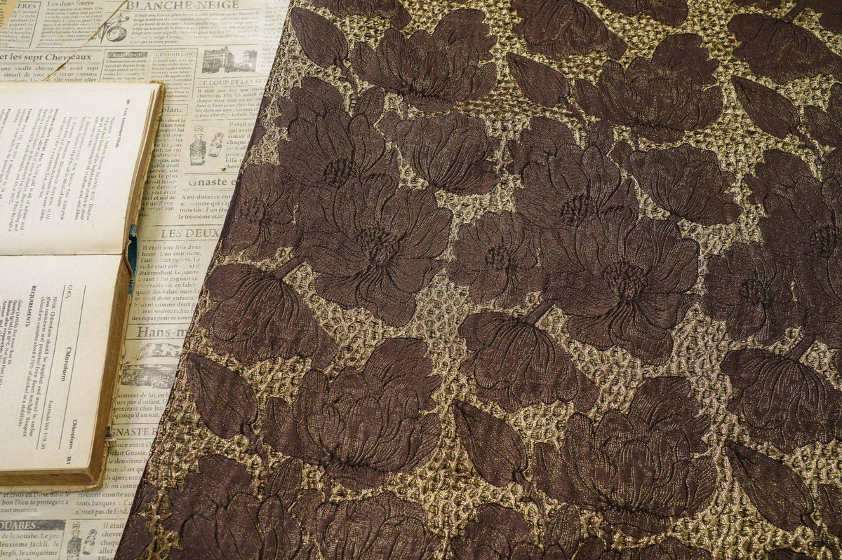 Brown Gold Floral Jacquard Fabric, 3D Embossed Brocade with Large Flowers, Textured Metallic Fabric for Dresses, Jackets, Upholstery, 55"
