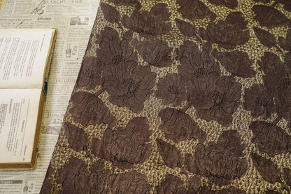 Brown Gold Floral Jacquard Fabric, 3D Embossed Brocade with Large Flowers, Textured Metallic Fabric for Dresses, Jackets, Upholstery, 55"