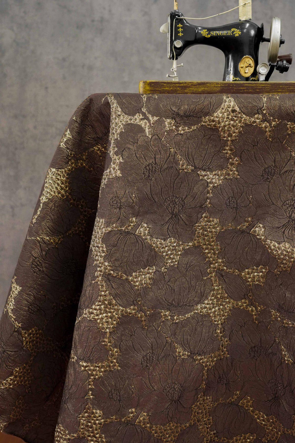 Brown Gold Floral Jacquard Fabric, 3D Embossed Brocade with Large Flowers, Textured Metallic Fabric for Dresses, Jackets, Upholstery, 55"