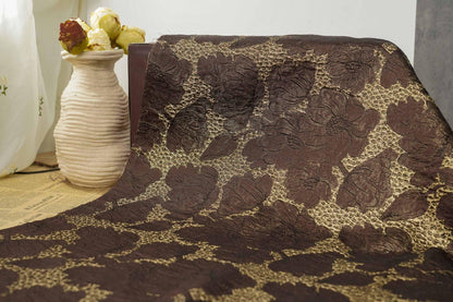 Brown Gold Floral Jacquard Fabric, 3D Embossed Brocade with Large Flowers, Textured Metallic Fabric for Dresses, Jackets, Upholstery, 55"