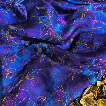 Royal Blue Purple Floral Jacquard Fabric, Gold Hibiscus Brocade, Shimmering Textured Fabric for Cheongsam, Dresses, Jackets, Couture, 56"