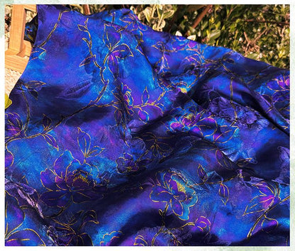 Royal Blue Purple Floral Jacquard Fabric, Gold Hibiscus Brocade, Shimmering Textured Fabric for Cheongsam, Dresses, Jackets, Couture, 56"