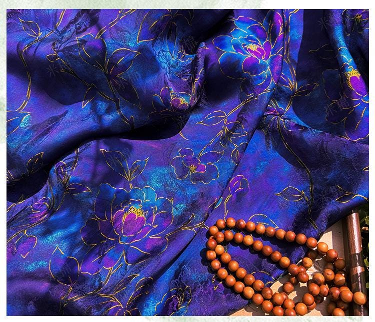 Royal Blue Purple Floral Jacquard Fabric, Gold Hibiscus Brocade, Shimmering Textured Fabric for Cheongsam, Dresses, Jackets, Couture, 56"