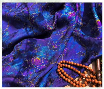 Royal Blue Purple Floral Jacquard Fabric, Gold Hibiscus Brocade, Shimmering Textured Fabric for Cheongsam, Dresses, Jackets, Couture, 56"
