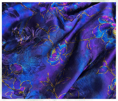 Royal Blue Purple Floral Jacquard Fabric, Gold Hibiscus Brocade, Shimmering Textured Fabric for Cheongsam, Dresses, Jackets, Couture, 56"