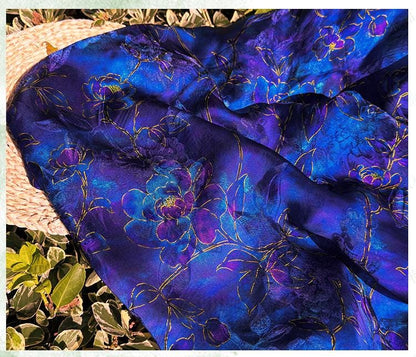 Royal Blue Purple Floral Jacquard Fabric, Gold Hibiscus Brocade, Shimmering Textured Fabric for Cheongsam, Dresses, Jackets, Couture, 56"