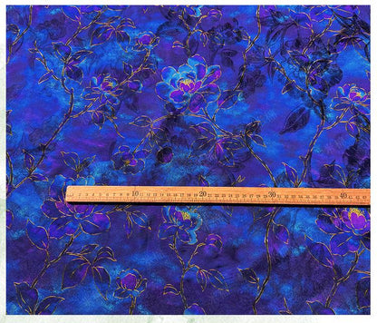 Royal Blue Purple Floral Jacquard Fabric, Gold Hibiscus Brocade, Shimmering Textured Fabric for Cheongsam, Dresses, Jackets, Couture, 56"