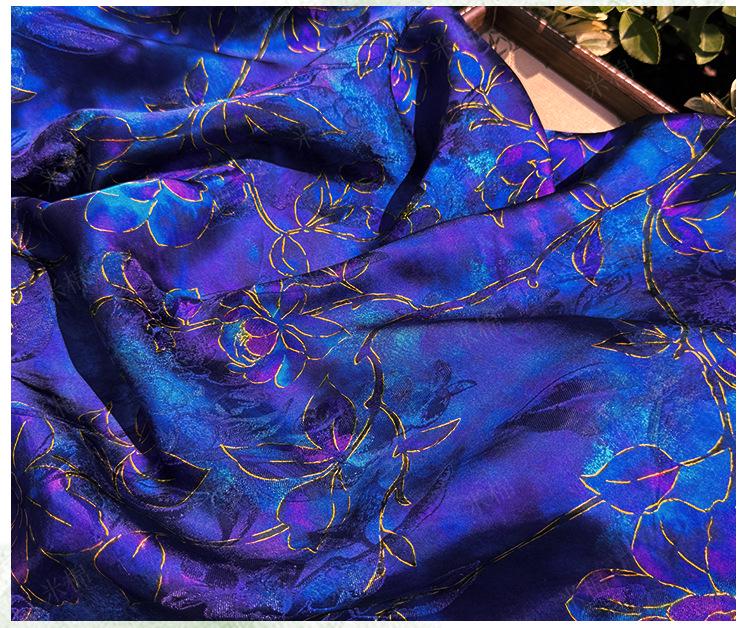 Royal Blue Purple Floral Jacquard Fabric, Gold Hibiscus Brocade, Shimmering Textured Fabric for Cheongsam, Dresses, Jackets, Couture, 56"
