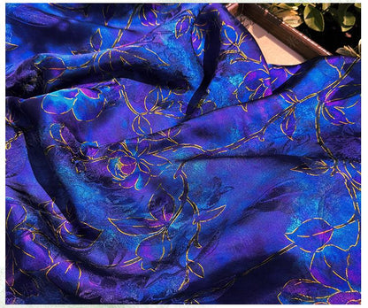 Royal Blue Purple Floral Jacquard Fabric, Gold Hibiscus Brocade, Shimmering Textured Fabric for Cheongsam, Dresses, Jackets, Couture, 56"