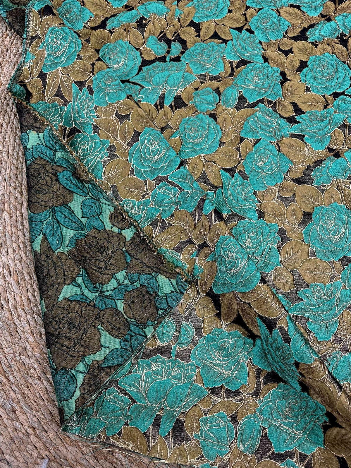 Turquoise Rose Jacquard Fabric, 3D Raised Floral Brocade with Gold Thread, Vintage Baroque Fabric for Dresses, Jackets and Home Decor, 55"W