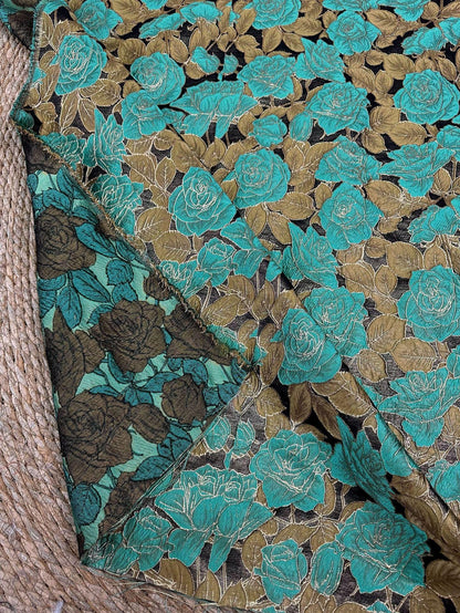 Turquoise Rose Jacquard Fabric, 3D Raised Floral Brocade with Gold Thread, Vintage Baroque Fabric for Dresses, Jackets and Home Decor, 55"W