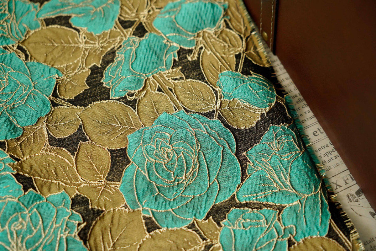 Turquoise Rose Jacquard Fabric, 3D Raised Floral Brocade with Gold Thread, Vintage Baroque Fabric for Dresses, Jackets and Home Decor, 55"W