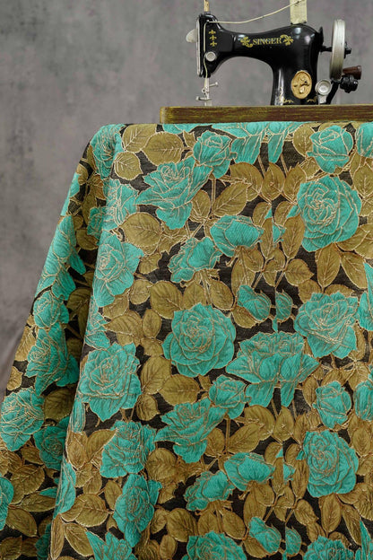 Turquoise Rose Jacquard Fabric, 3D Raised Floral Brocade with Gold Thread, Vintage Baroque Fabric for Dresses, Jackets and Home Decor, 55"W