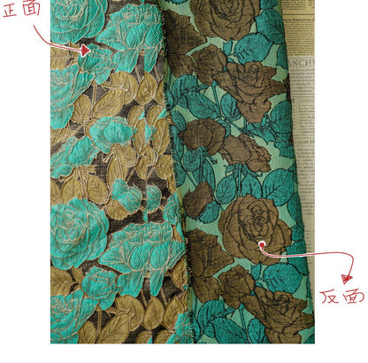 Turquoise Rose Jacquard Fabric, 3D Raised Floral Brocade with Gold Thread, Vintage Baroque Fabric for Dresses, Jackets and Home Decor, 55"W