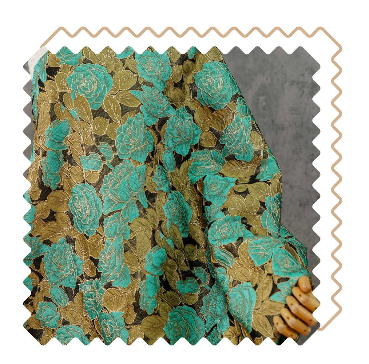 Turquoise Rose Jacquard Fabric, 3D Raised Floral Brocade with Gold Thread, Vintage Baroque Fabric for Dresses, Jackets and Home Decor, 55"W