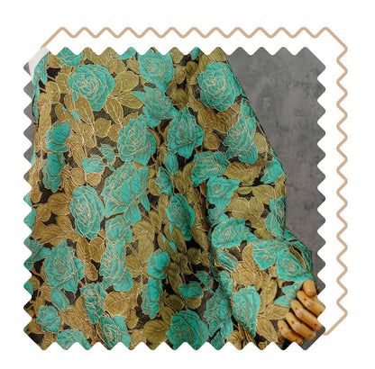 Turquoise Rose Jacquard Fabric, 3D Raised Floral Brocade with Gold Thread, Vintage Baroque Fabric for Dresses, Jackets and Home Decor, 55"W
