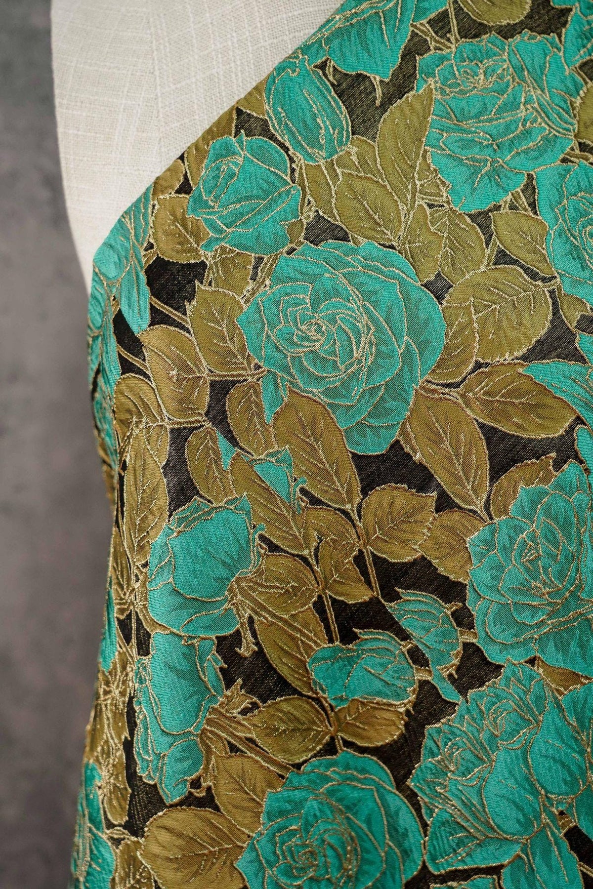 Turquoise Rose Jacquard Fabric, 3D Raised Floral Brocade with Gold Thread, Vintage Baroque Fabric for Dresses, Jackets and Home Decor, 55"W