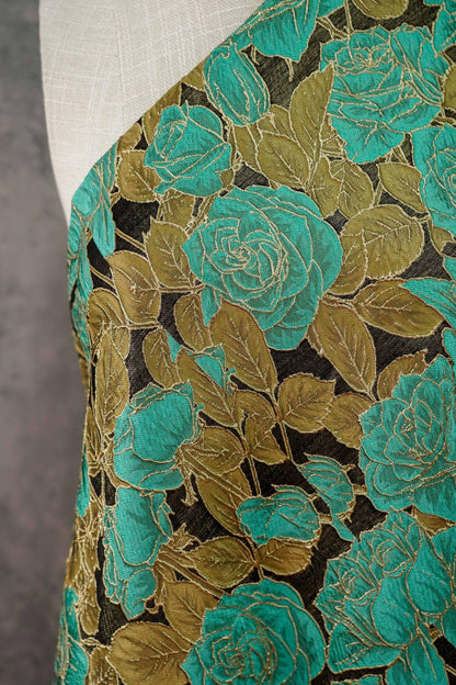 Turquoise Rose Jacquard Fabric, 3D Raised Floral Brocade with Gold Thread, Vintage Baroque Fabric for Dresses, Jackets and Home Decor, 55"W