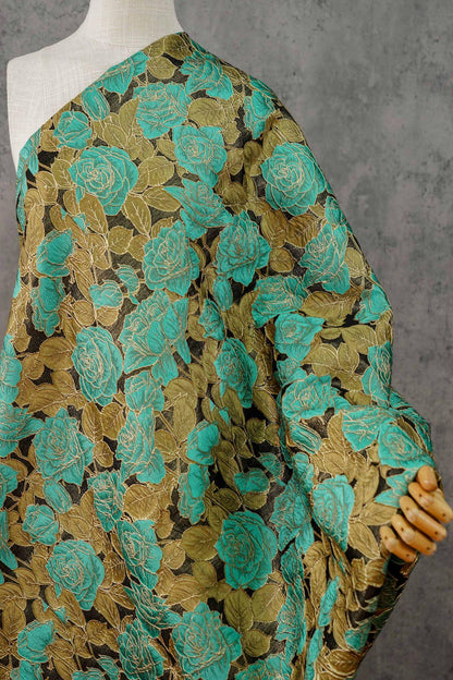 Turquoise Rose Jacquard Fabric, 3D Raised Floral Brocade with Gold Thread, Vintage Baroque Fabric for Dresses, Jackets and Home Decor, 55"W
