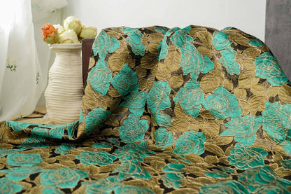 Turquoise Rose Jacquard Fabric, 3D Raised Floral Brocade with Gold Thread, Vintage Baroque Fabric for Dresses, Jackets and Home Decor, 55"W