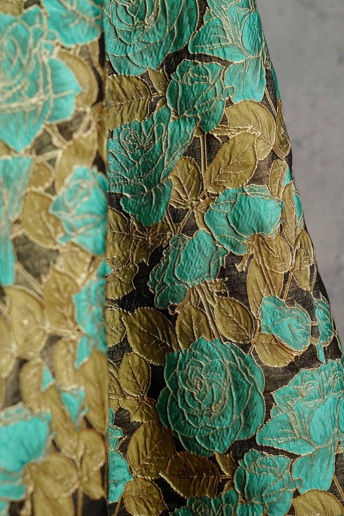 Turquoise Rose Jacquard Fabric, 3D Raised Floral Brocade with Gold Thread, Vintage Baroque Fabric for Dresses, Jackets and Home Decor, 55"W