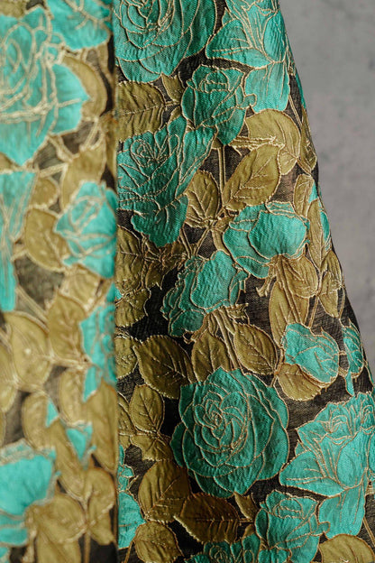 Turquoise Rose Jacquard Fabric, 3D Raised Floral Brocade with Gold Thread, Vintage Baroque Fabric for Dresses, Jackets and Home Decor, 55"W