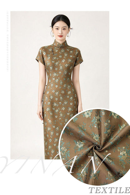 Brown Floral Jacquard Fabric, Gold Thread Ditsy Flowers, Vintage Textured Brocade for Dresses, Jackets, Cheongsam and Home Decor, 55"W