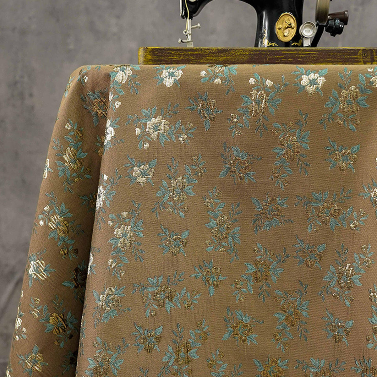 Brown Floral Jacquard Fabric, Gold Thread Ditsy Flowers, Vintage Textured Brocade for Dresses, Jackets, Cheongsam and Home Decor, 55"W