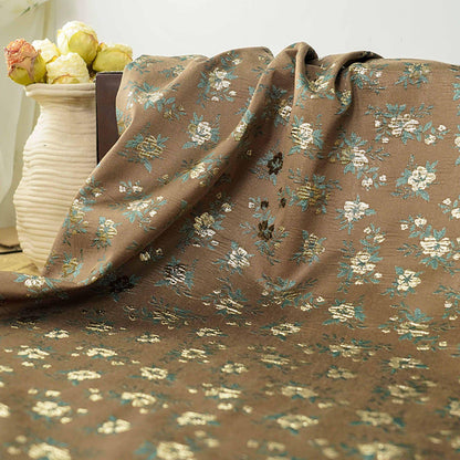 Brown Floral Jacquard Fabric, Gold Thread Ditsy Flowers, Vintage Textured Brocade for Dresses, Jackets, Cheongsam and Home Decor, 55"W