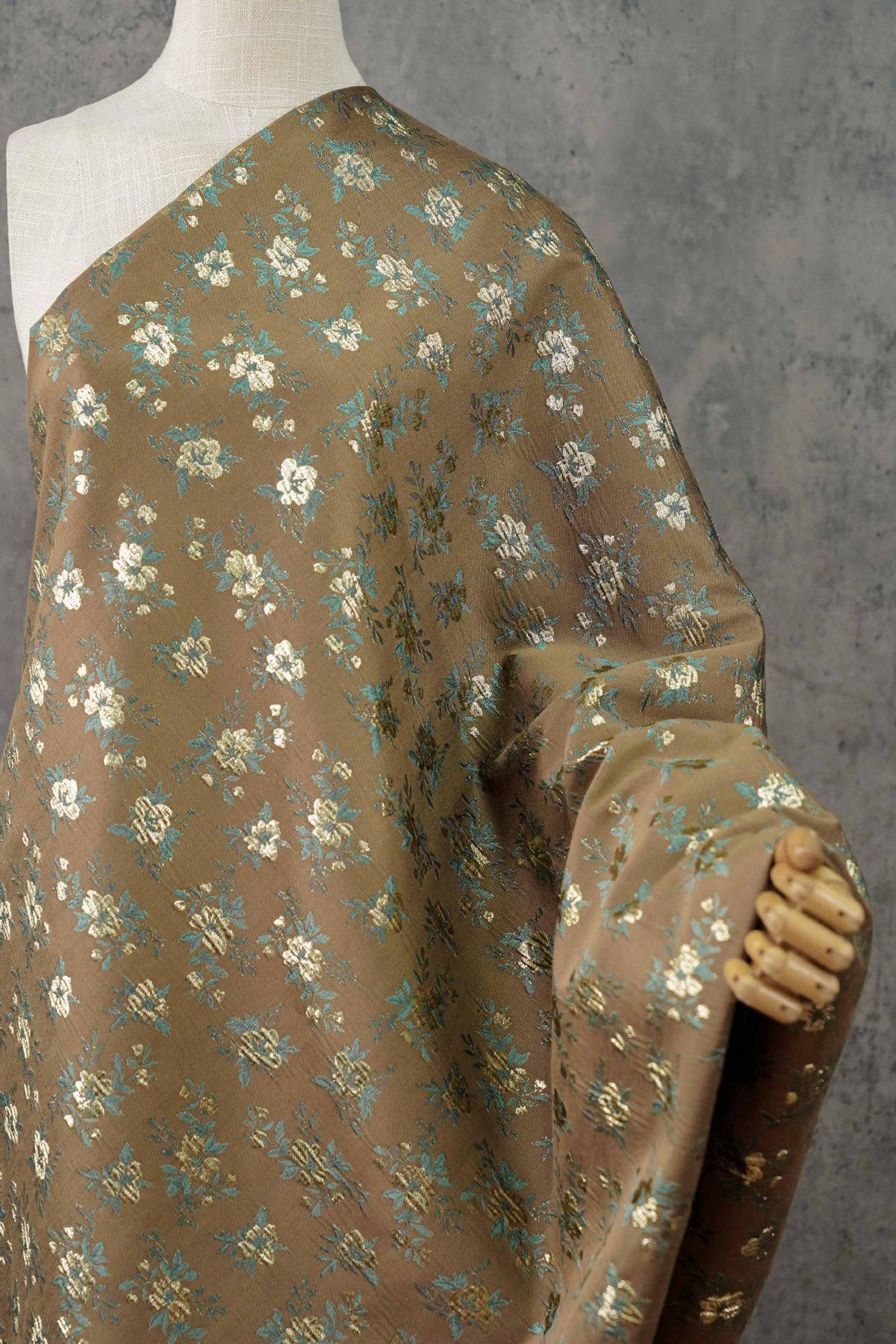 Brown Floral Jacquard Fabric, Gold Thread Ditsy Flowers, Vintage Textured Brocade for Dresses, Jackets, Cheongsam and Home Decor, 55"W