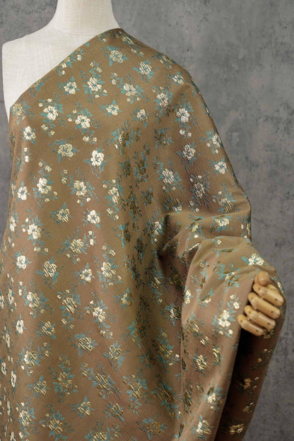 Brown Floral Jacquard Fabric, Gold Thread Ditsy Flowers, Vintage Textured Brocade for Dresses, Jackets, Cheongsam and Home Decor, 55"W