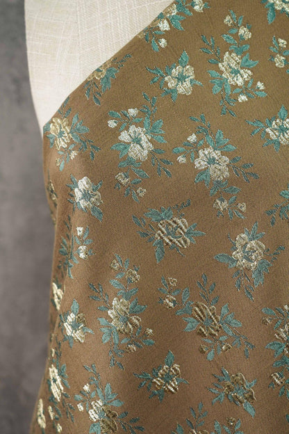Brown Floral Jacquard Fabric, Gold Thread Ditsy Flowers, Vintage Textured Brocade for Dresses, Jackets, Cheongsam and Home Decor, 55"W
