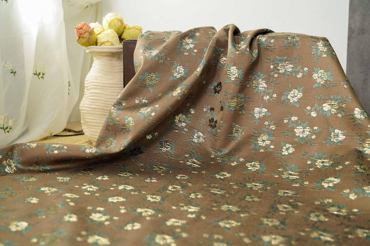 Brown Floral Jacquard Fabric, Gold Thread Ditsy Flowers, Vintage Textured Brocade for Dresses, Jackets, Cheongsam and Home Decor, 55"W