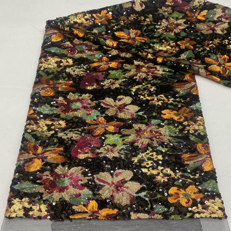 Multicolor Floral Sequin Fabric, Black Sequined Embroidered Mesh, Sparkly Flower Fabric for Evening Gowns, Dresses, Costumes and Accessories