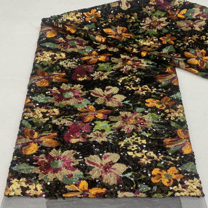 Multicolor Floral Sequin Fabric, Black Sequined Embroidered Mesh, Sparkly Flower Fabric for Evening Gowns, Dresses, Costumes and Accessories