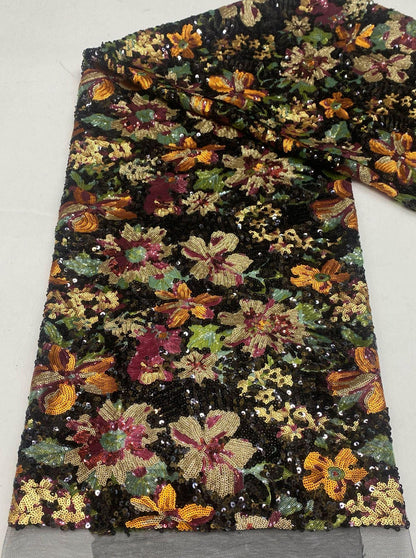 Multicolor Floral Sequin Fabric, Black Sequined Embroidered Mesh, Sparkly Flower Fabric for Evening Gowns, Dresses, Costumes and Accessories